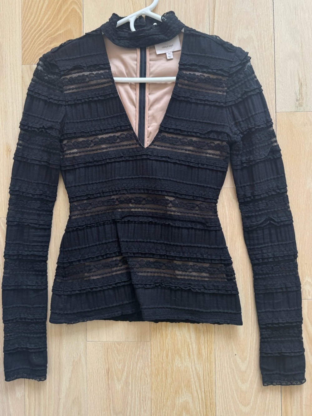 Cinq a Sept Black Lace Long Sleeve Top with V-Neck and Collar Detail